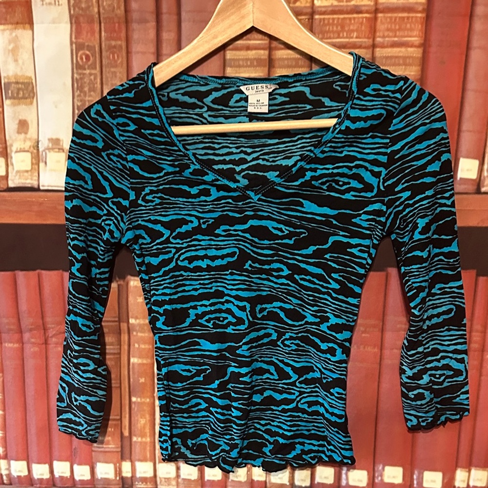 GUESS Jeans Y2K Blue Black Animal Print Stretch Top Medium